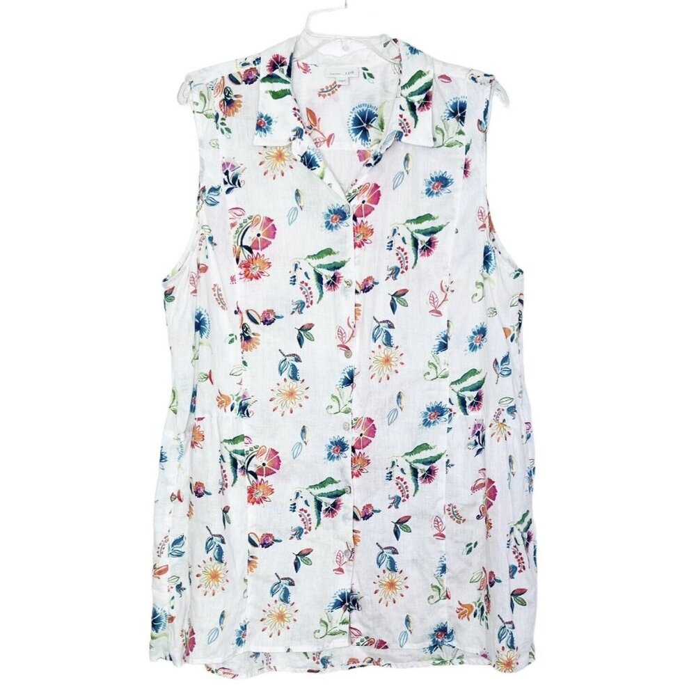 J. Jill Love Linen Button Down Shirt Size XL Sleeveless Tunic White Floral Beach